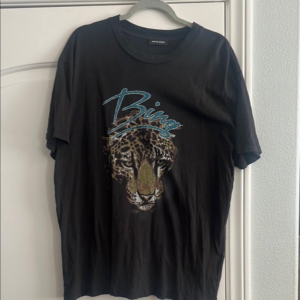 Anine Bing Black Graphic Leopard Tee with Teal Logo